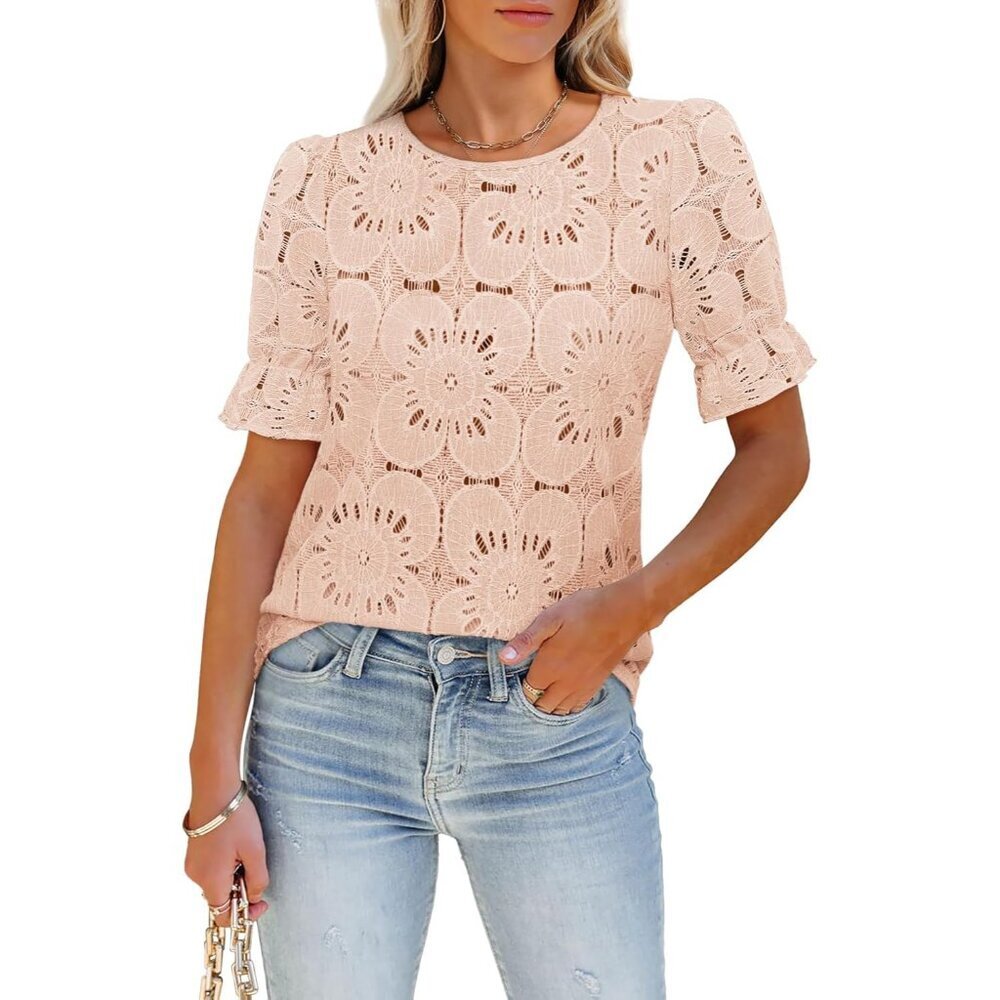 Women's Eyelet Top Cotton Puff Short Sleeve Casual Blouse Summer